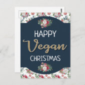 ビーガンクリスマスレトロブルーと金ゴールド冬のフローラ ポストカード (正面/裏面)