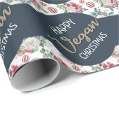 ビーガンクリスマスレトロブルーと金ゴールド冬のフローラ ラッピングペーパー (ロールコーナー)