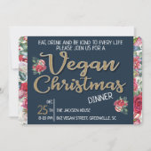 ビーガンクリスマスレトロブルーと金ゴールド冬のフローラ 招待状 (正面)