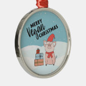 ビーガンクリスマス(漫画の子豚とプレゼント) メタルオーナメント (右)