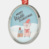 ビーガンクリスマス(漫画の子豚とプレゼント) メタルオーナメント (左)