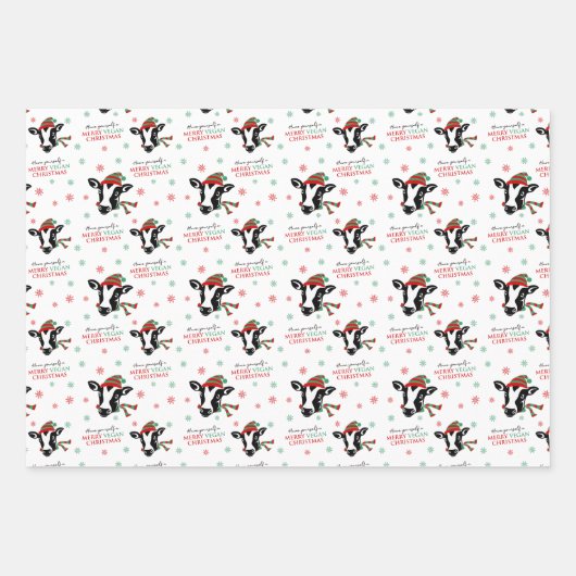 ビーガンメリーのクリスマス、かわいい牛。 ラッピングペーパーシート (正面)