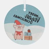 ビーガンメリークリスマスかわいい漫画の子豚&ギフト ガラスオーナメント (裏面)