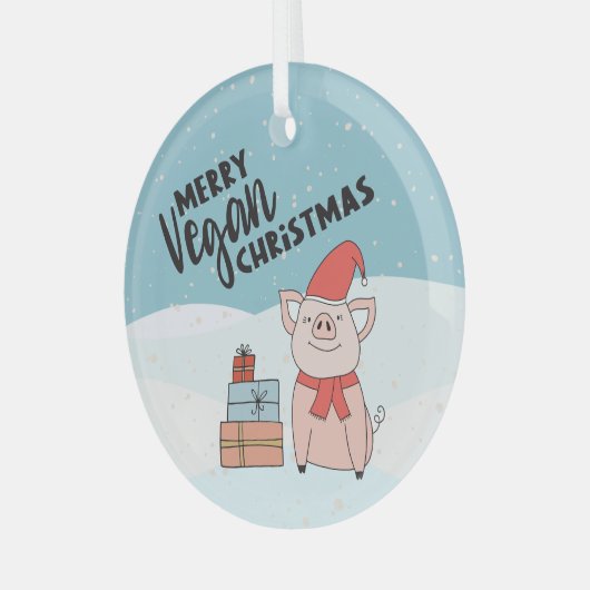 ビーガンメリークリスマスかわいい漫画の子豚&ギフト ガラスオーナメント (正面左)