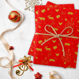 ビーガンメリークリスマスレッドと金ゴールド農用動物 ラッピングペーパーシート