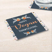 ビーガン感謝祭ブルーフローラとオレンジ文字 スクエアペーパーコースター (アングル)
