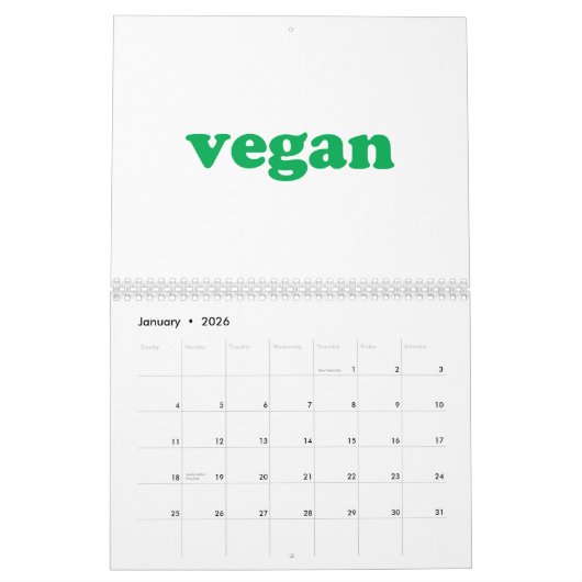ビーガン白と緑のモダンタイポグラフィ カレンダー (1月 2026)