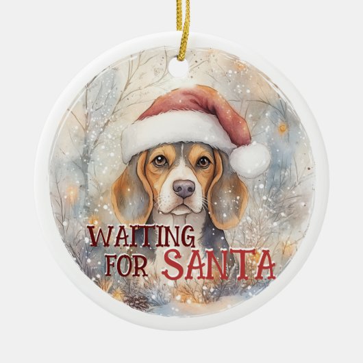 ビーグルがサンタスノーウィードクリスマスを待っている セラミックオーナメント (正面)