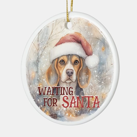 ビーグルがサンタスノーウィードクリスマスを待っている セラミックオーナメント (左)