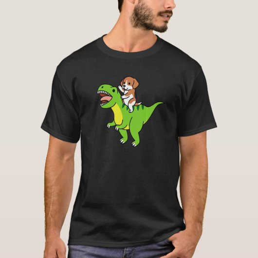 ビーグルが騎乗するレックス恐竜犬 Tシャツ (正面)