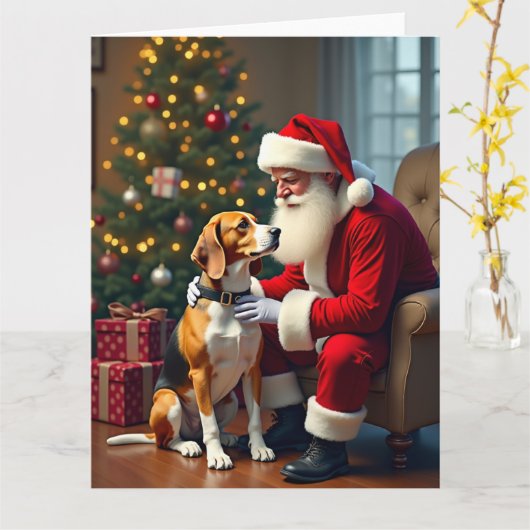 ビーグルとサンタのクリスマス絵画 カード (黄色い花)