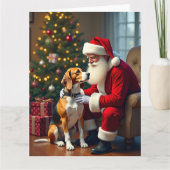 ビーグルとサンタのクリスマス絵画 カード (正面)