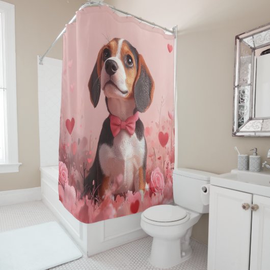 ビーグルとバラ – バレンタインデー シャワーカーテン (インサイチュ)