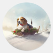 ビーグルのクリスマス雪の冬 ラウンドシール (正面)