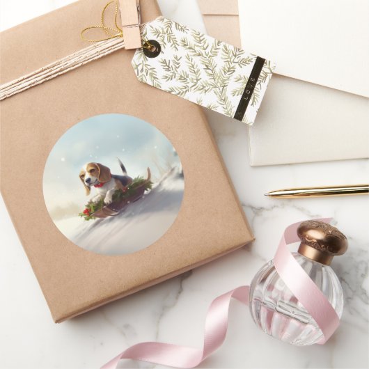 ビーグルのクリスマス雪の冬 ラウンドシール (ギフト)