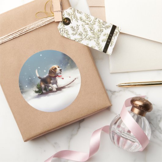 ビーグルのクリスマス雪の冬 ラウンドシール (ギフト)