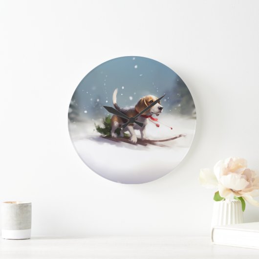 ビーグルのクリスマス雪の冬 ラージ壁時計 (ホーム)