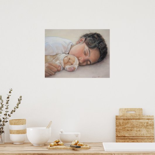 ビーグルの子犬と児童現実主義者のポートレート絵画ズ ポスター (キッチン)