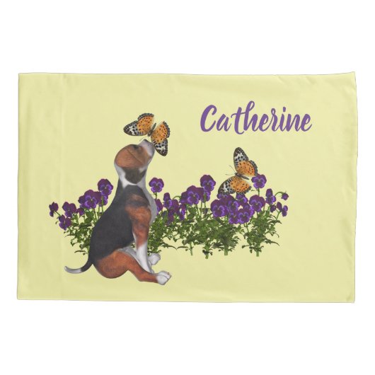 ビーグルの子犬と蝶パーソナライズされたの動物 枕カバー (裏面)