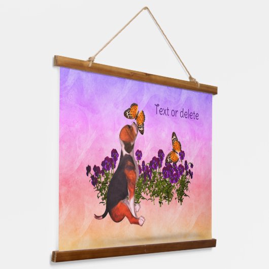 ビーグルの子犬の蝶と花パーソナライズされた 吊り下げ型タペストリー (傾斜あり)
