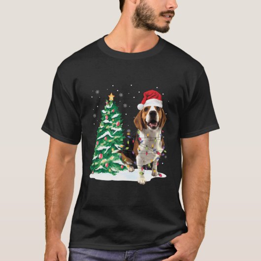 ビーグルクリスマスツリーライツサンタおもしろい犬クリスマス Tシャツ (正面)