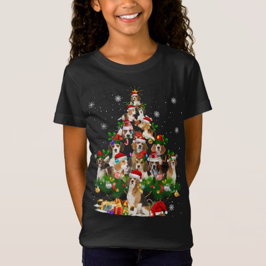 ビーグルクリスマスツリーライトおもしろい犬クリスマスギフト Tシャツ (正面)