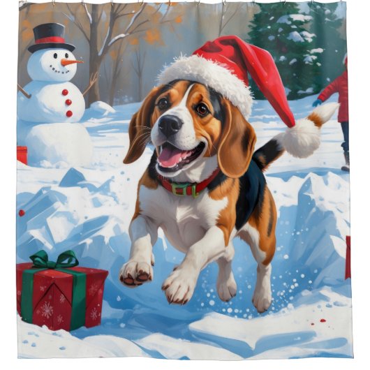 ビーグルクリスマスフェスティバルスノーシーン シャワーカーテン (正面)