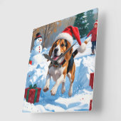 ビーグルクリスマスフェスティバルスノーシーン スクエア壁時計 (傾斜)