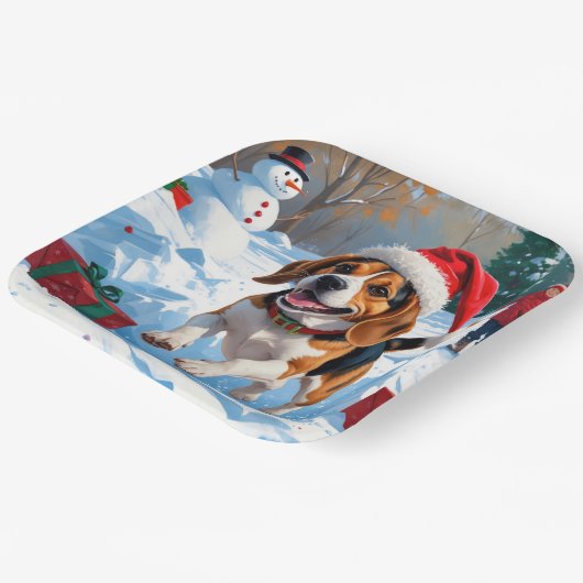 ビーグルクリスマスフェスティバルスノーシーン ペーパープレート (傾斜あり)