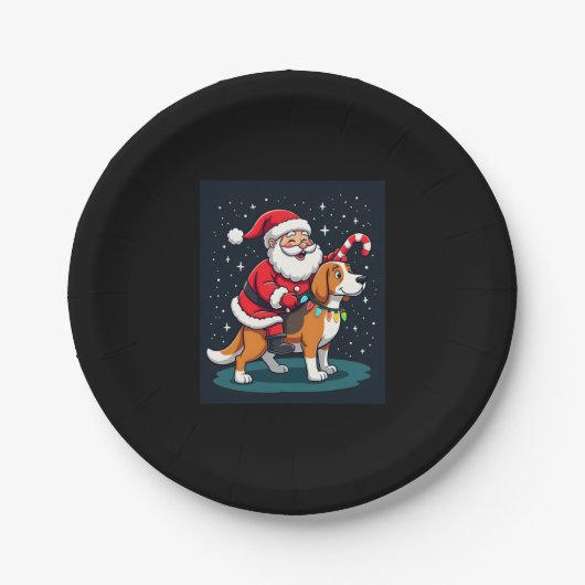 ビーグルクリスマス照明サンタライディングビーグルドッグクリス ペーパープレート (正面)