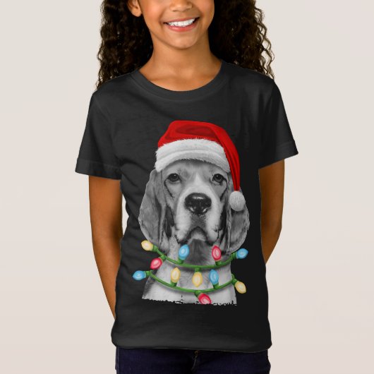 ビーグルサンタクリスマスツリーライツクリスマス Tシャツ (正面)