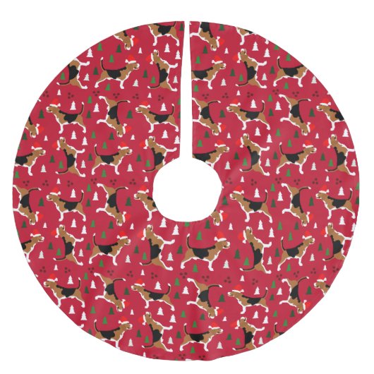 ビーグルスサンタハットクリスマスツリーin赤 ブラッシュドポリエステルツリースカート (正面)