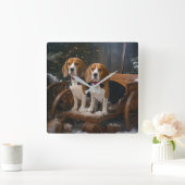 ビーグルスノウィースリークリスマスデコール スクエア壁時計 (ホーム)