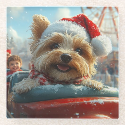 ビーグルテリア犬のジェットコースター クリスマス ガラスコースター (正面)