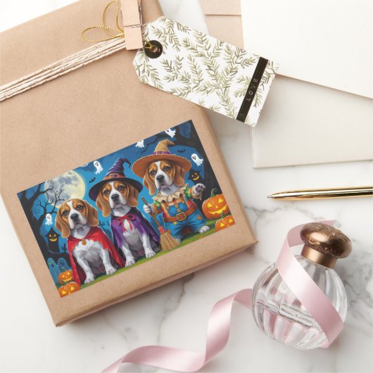 ビーグルドッグスパンプキンハロウィンおもしろい 長方形シール (ギフト)