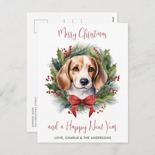 ビーグルドッグパーソナライズされたリースメリークリスマス シーズンポストカード (正面/裏面)