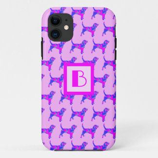 ビーグルハウンドドッグピンク&ブルーシルエットモノグラム iPhone 11 ケース