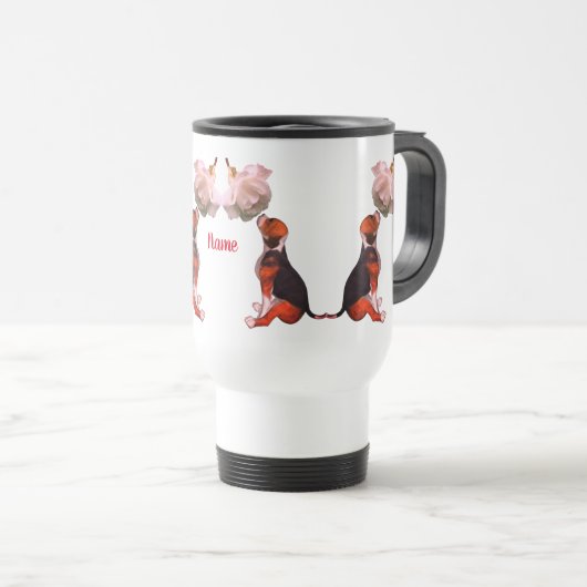 ビーグルパピーホワイトローズカワイドッグパーソナライズされた トラベルマグ (正面右)