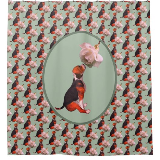 ビーグルパピーホワイトローズ シャワーカーテン (正面)