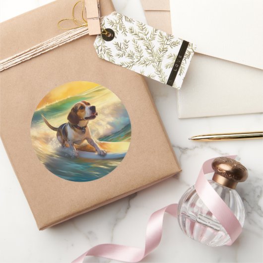 ビーグルビーチサーフィン絵画ズ ラウンドシール (ギフト)