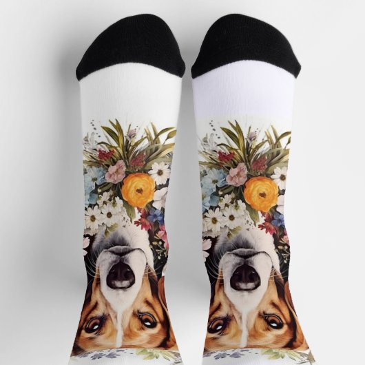 ビーグルポートレートフラワーズホワイト ソックス (上部)