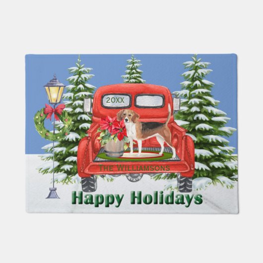 ビーグルレッドヴィンテージトラックファミリー名 ドアマット (正面)