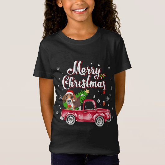 ビーグルレトリエバーライド赤いトラッククリスマスパジャマ Tシャツ (正面)