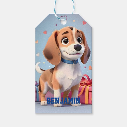 ビーグル子犬のかわいい足元とカラフルなプレゼント ギフトタグ (正面)