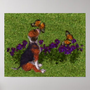 ビーグル子犬の蝶の犬のアートフォト絵画ズ ポスター