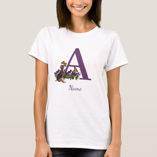 ビーグル子犬バタフライ モノグラムイニシャルA 名前   Tシャツ (正面)