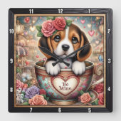 ビーグル子犬 ティーカップ バレンタイン スクエア壁時計 (正面)