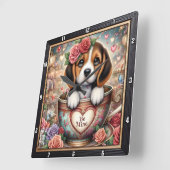 ビーグル子犬 ティーカップ バレンタイン スクエア壁時計 (傾斜)