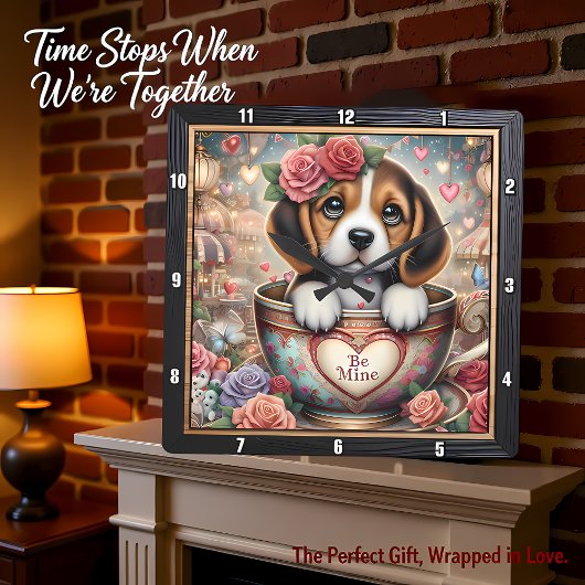 ビーグル子犬 ティーカップ バレンタイン スクエア壁時計