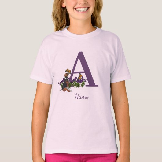 ビーグル子犬 バタフライ モノグラムイニシャル A 名前 Tシャツ (正面)